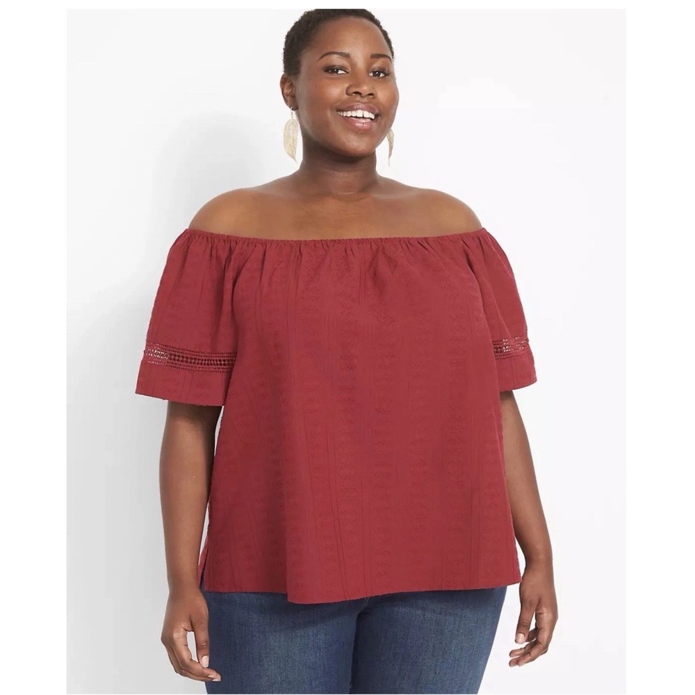 NWT Lane Bryant Red Eyelet Lace Trim Off Shoulder Peasant Blouse Plus 26/28 Boho